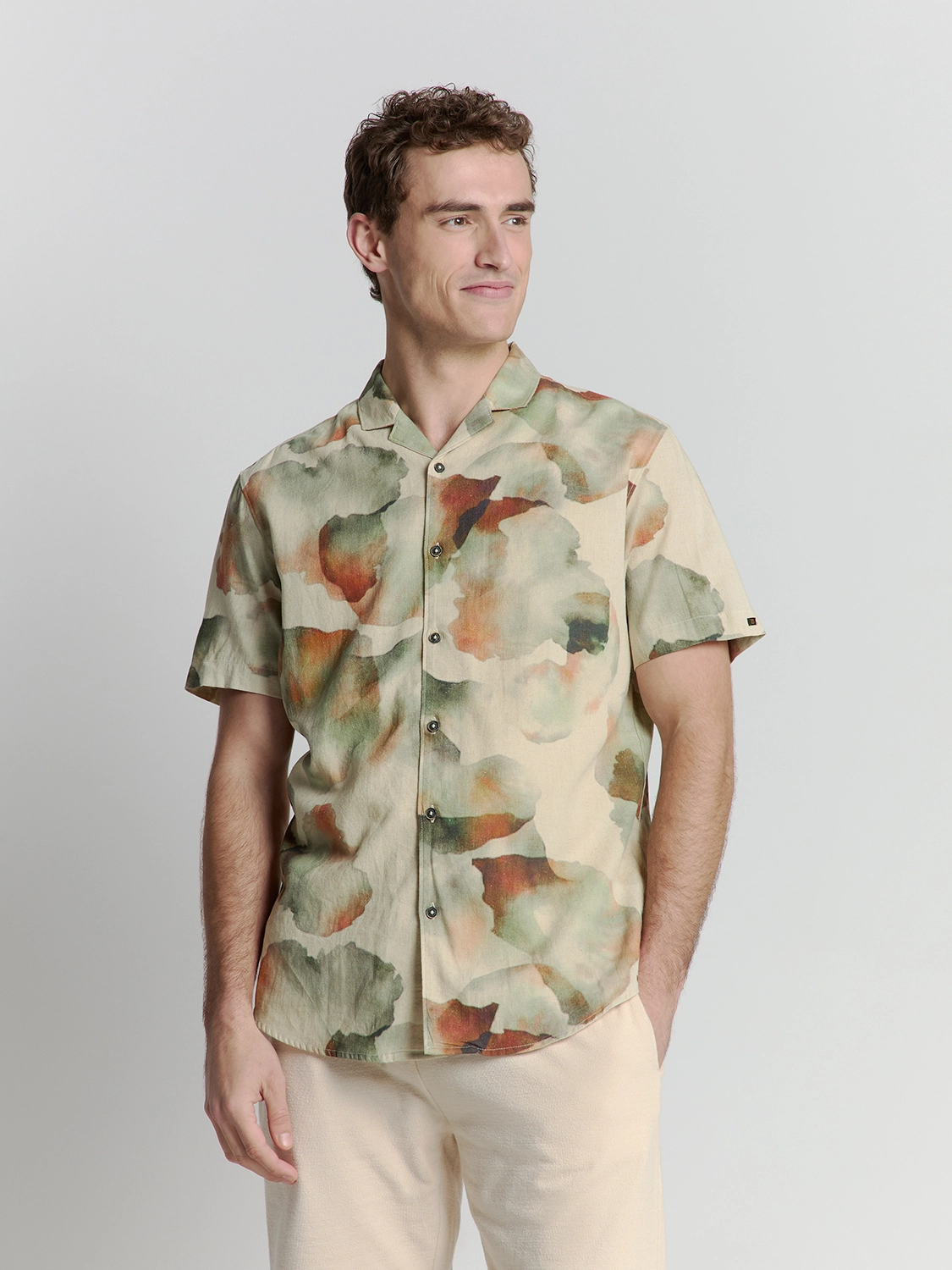 No Excess | Shirt short sleeve revers collar allover printed with linen